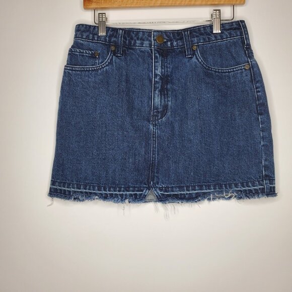Free People Dresses & Skirts - Free People Womens Blue Denim Mini Skirt Size 4 Frayed Raw Hem Pockets Boho